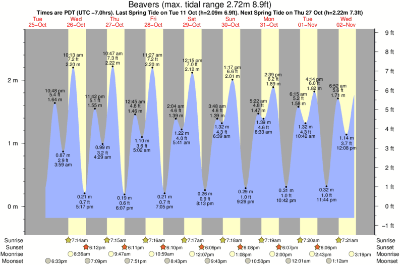 Gráficos da maré para Beavers, perto do spot de surf de El Capitan