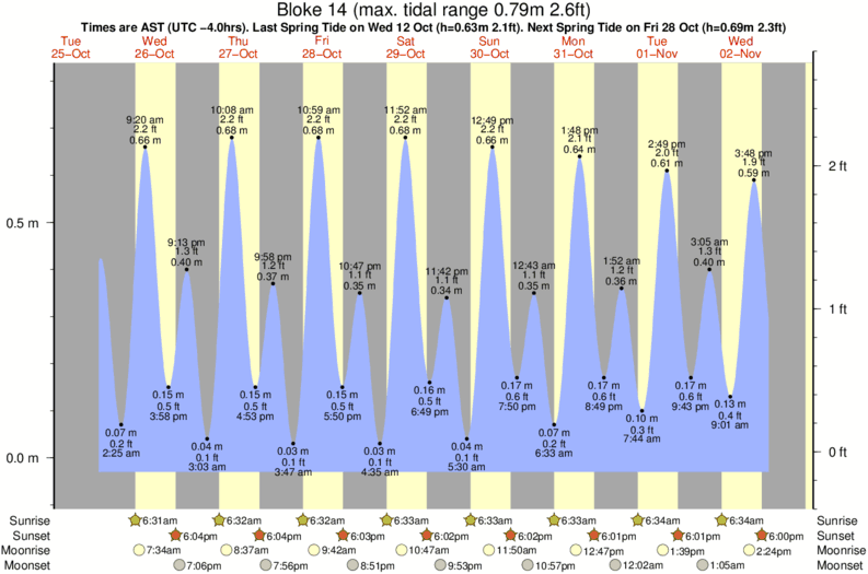 Gráficos da maré para Bloke 14, perto do spot de surf de Playa del Macao