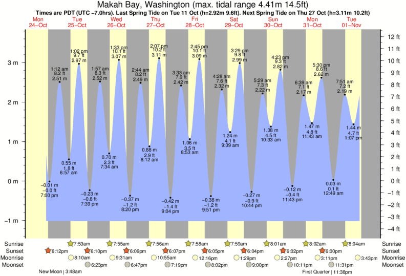 Gráficos da maré para Makah Bay, Washington, perto do spot de surf de Hobuck/North Coast