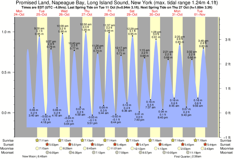 Gráficos da maré para Promised Land, Napeague Bay, Long Island Sound, New York, perto do spot de surf de Georgica (East Hampton)