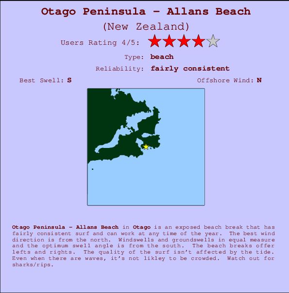 Otago Peninsula - Allans Beach mapa de localização e informação de surf