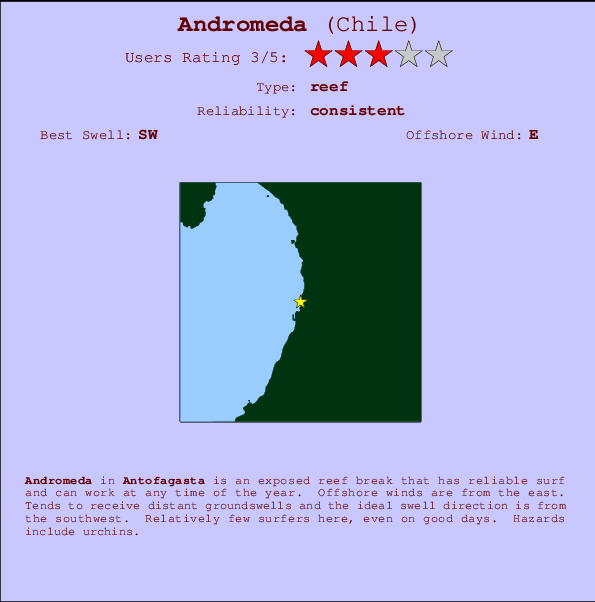 Andromeda mapa de localização e informação de surf