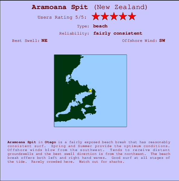 Aramoana Spit mapa de localização e informação de surf