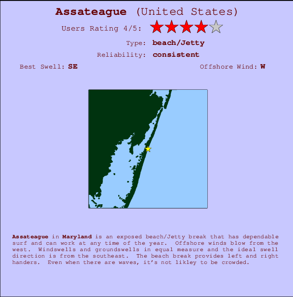 Assateague mapa de localização e informação de surf