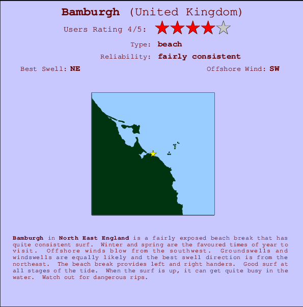 Bamburgh mapa de localização e informação de surf