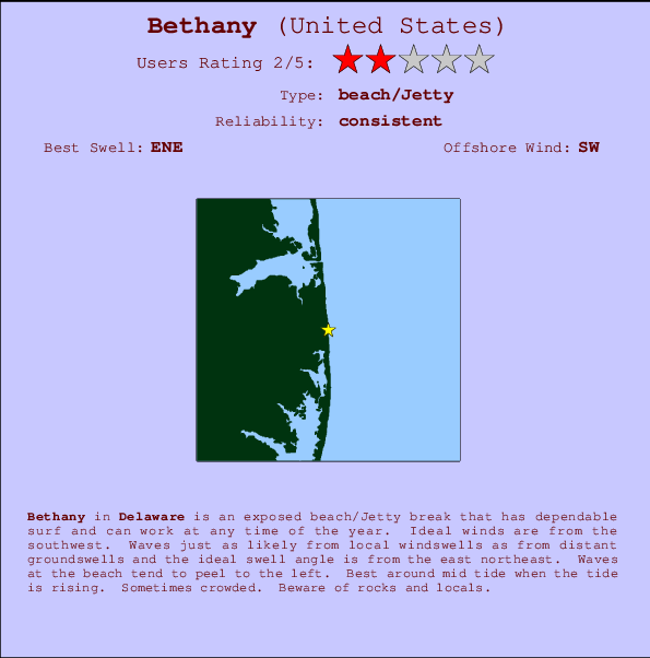 Bethany mapa de localização e informação de surf