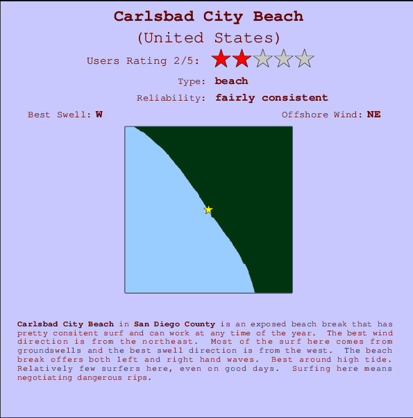 Carlsbad City Beach mapa de localização e informação de surf