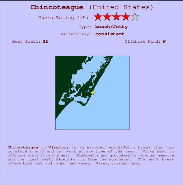 Chincoteague mapa de localização e informação de surf