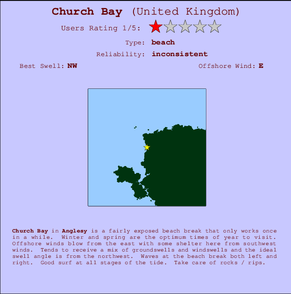 Church Bay mapa de localização e informação de surf