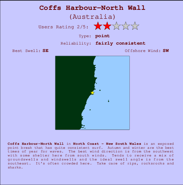 Coffs Harbour-North Wall mapa de localização e informação de surf