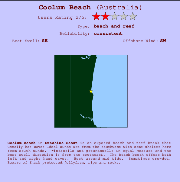 Coolum Beach mapa de localização e informação de surf
