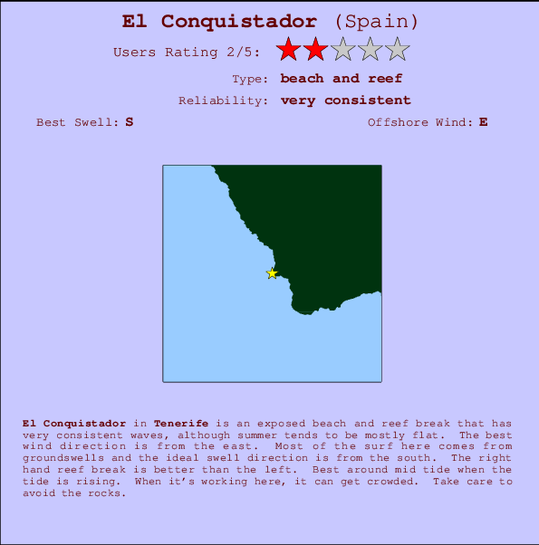 El Conquistador mapa de localização e informação de surf