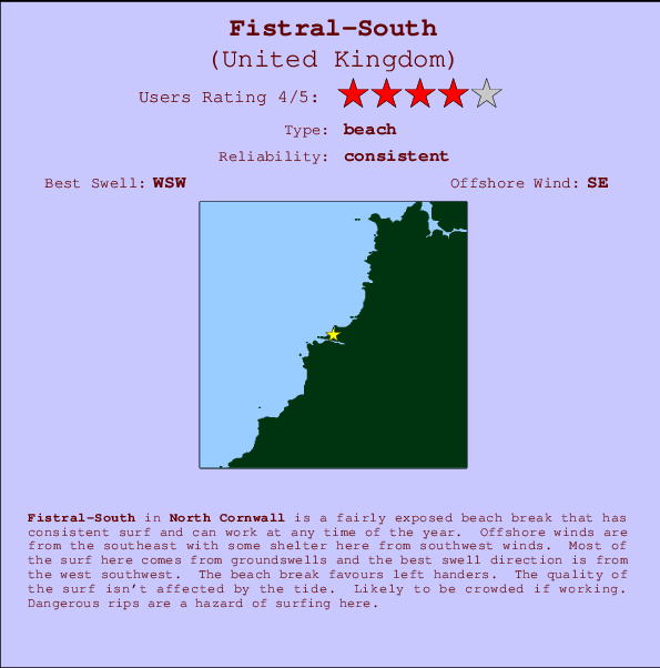 Fistral-South mapa de localização e informação de surf