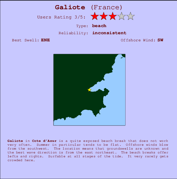 Galiote mapa de localização e informação de surf
