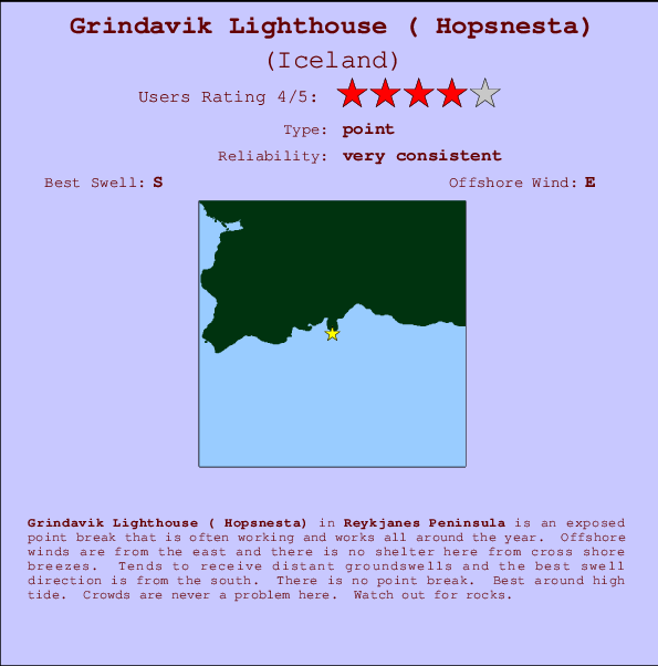 Grindavik Lighthouse ( Hopsnesta) mapa de localização e informação de surf