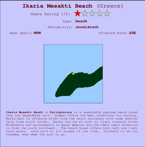 Ikaria Mesakti Beach mapa de localização e informação de surf
