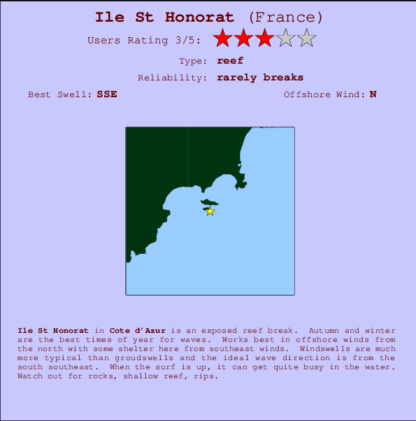 Ile St Honorat mapa de localização e informação de surf
