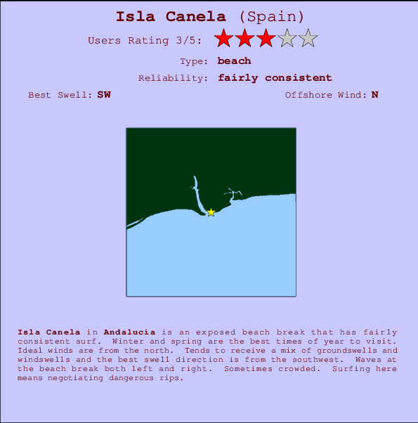 Isla Canela mapa de localização e informação de surf