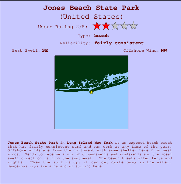 Jones Beach State Park mapa de localização e informação de surf