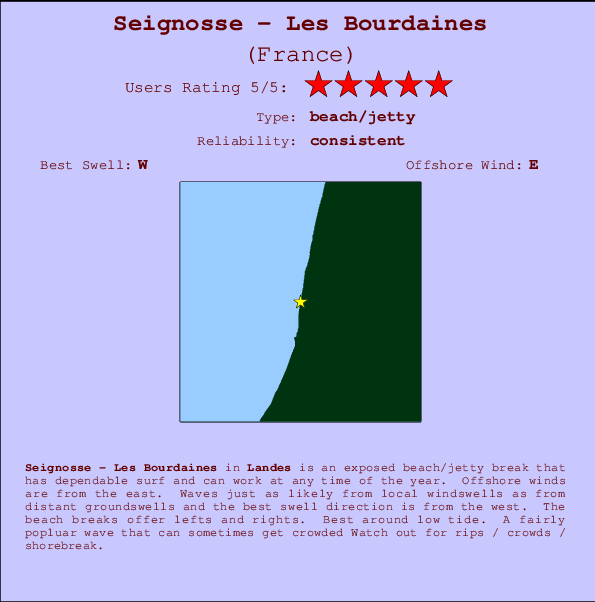 Seignosse - Les Bourdaines mapa de localização e informação de surf