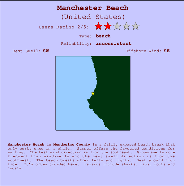 Manchester Beach mapa de localização e informação de surf