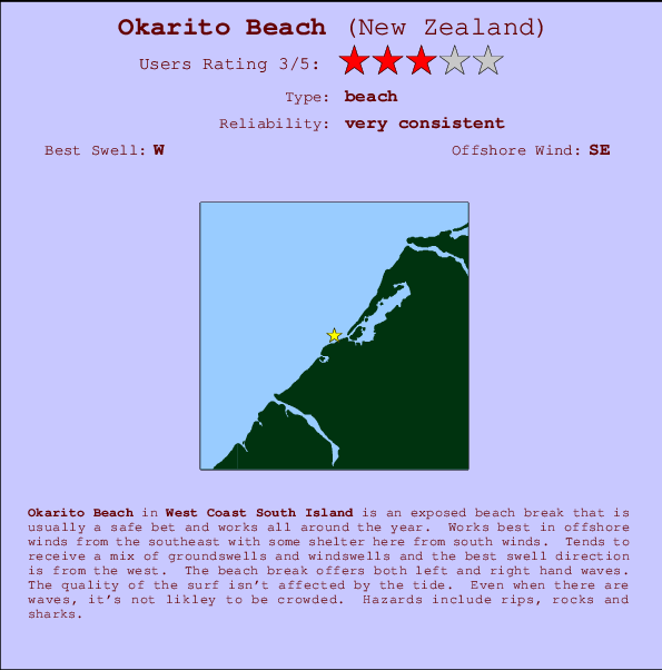 Okarito Beach mapa de localização e informação de surf
