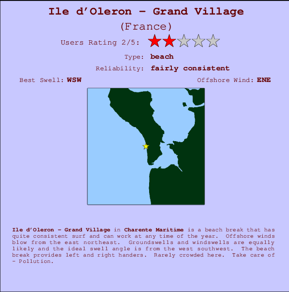 Ile d'Oleron - Grand Village mapa de localização e informação de surf