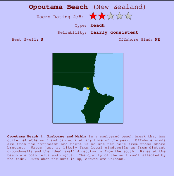 Opoutama Beach mapa de localização e informação de surf