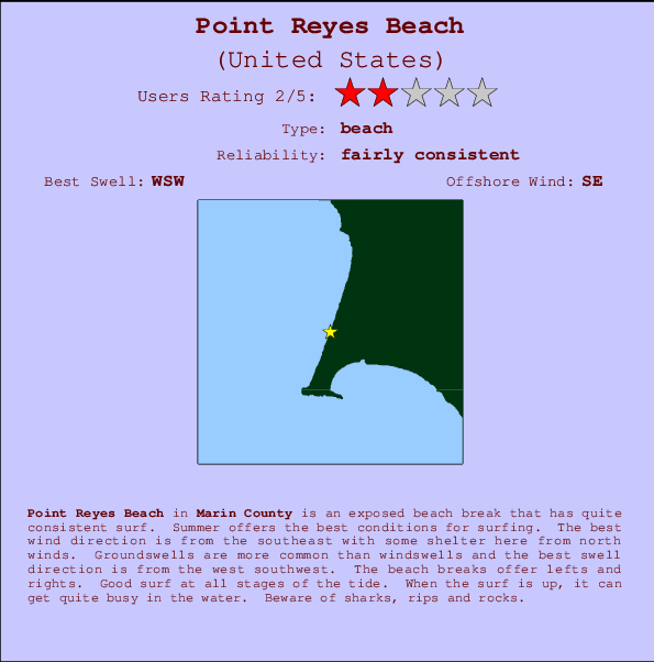 Point Reyes Beach mapa de localização e informação de surf