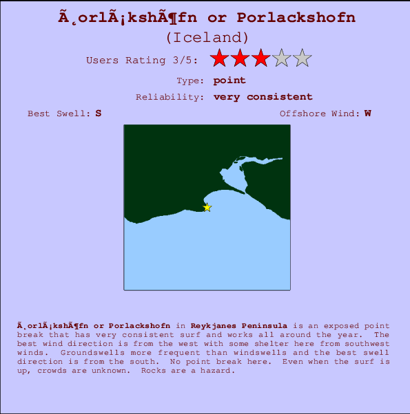 Þorlákshöfn or Porlackshofn mapa de localização e informação de surf