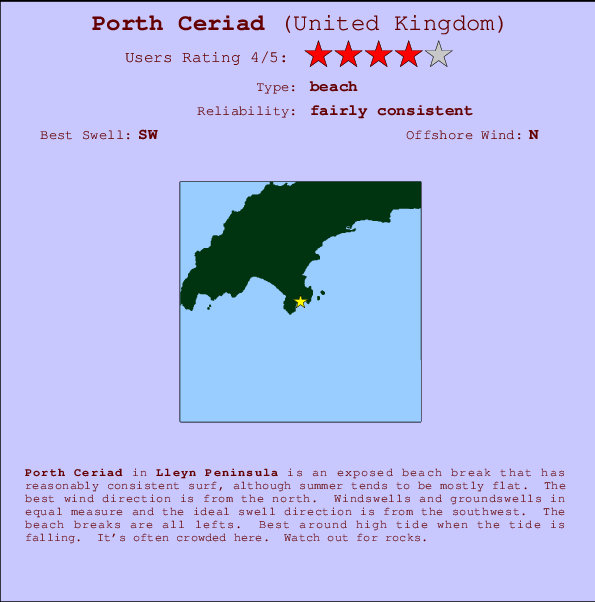 Porth Ceriad mapa de localização e informação de surf