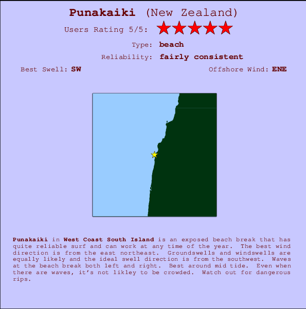 Punakaiki mapa de localização e informação de surf