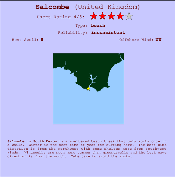 Salcombe mapa de localização e informação de surf