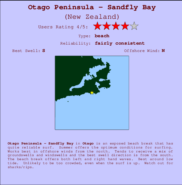Otago Peninsula - Sandfly Bay mapa de localização e informação de surf