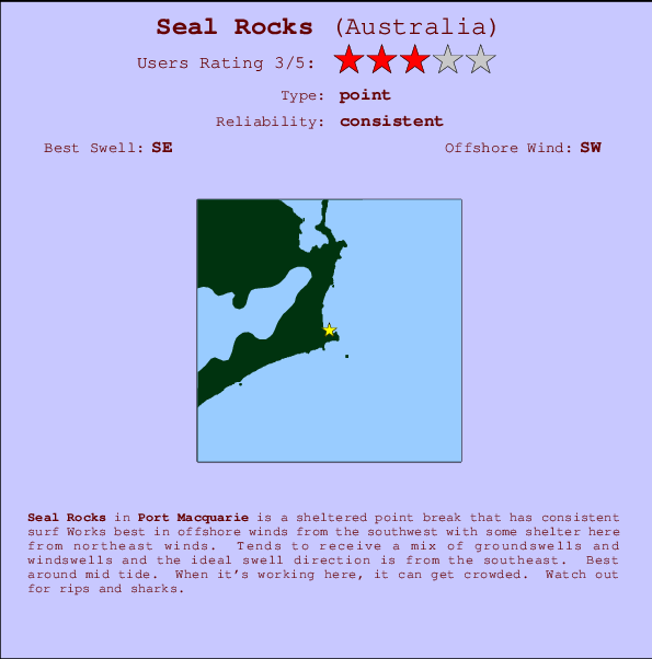 Seal Rocks mapa de localização e informação de surf