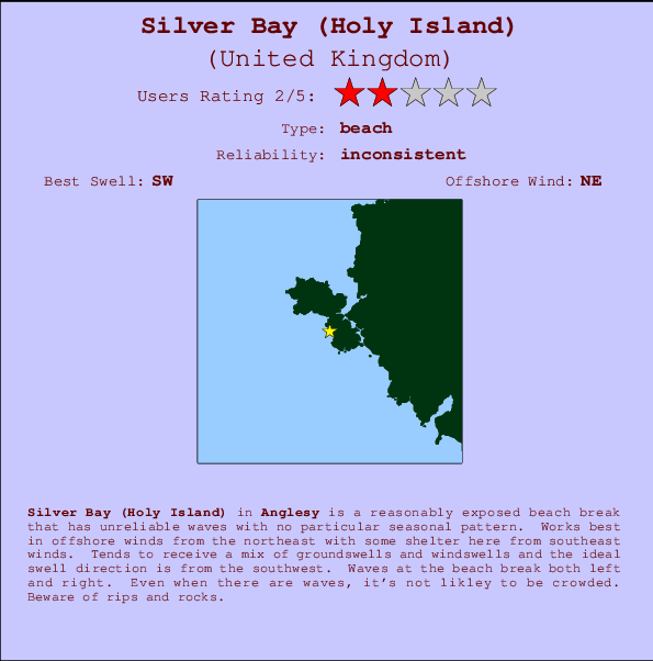Silver Bay (Holy Island) mapa de localização e informação de surf
