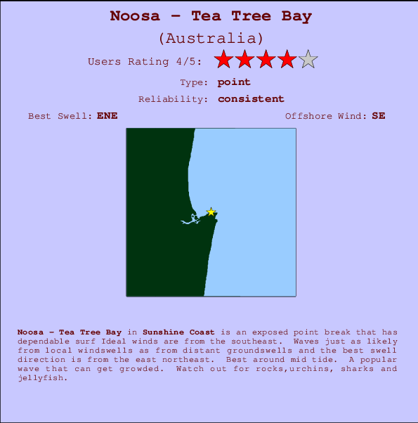 Noosa - Tea Tree Bay mapa de localização e informação de surf
