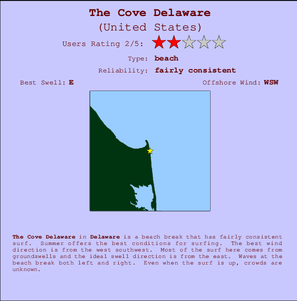 The Cove Delaware mapa de localização e informação de surf