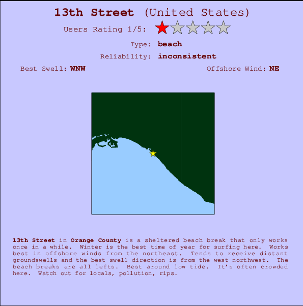 13th Street mapa de localização e informação de surf