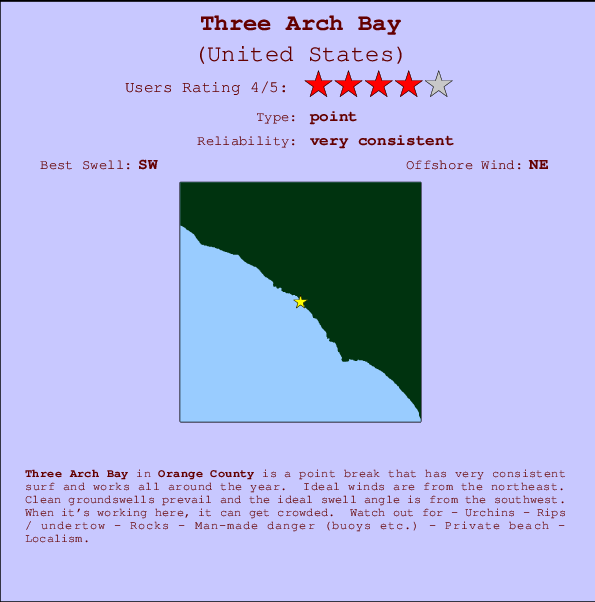 Three Arch Bay mapa de localização e informação de surf