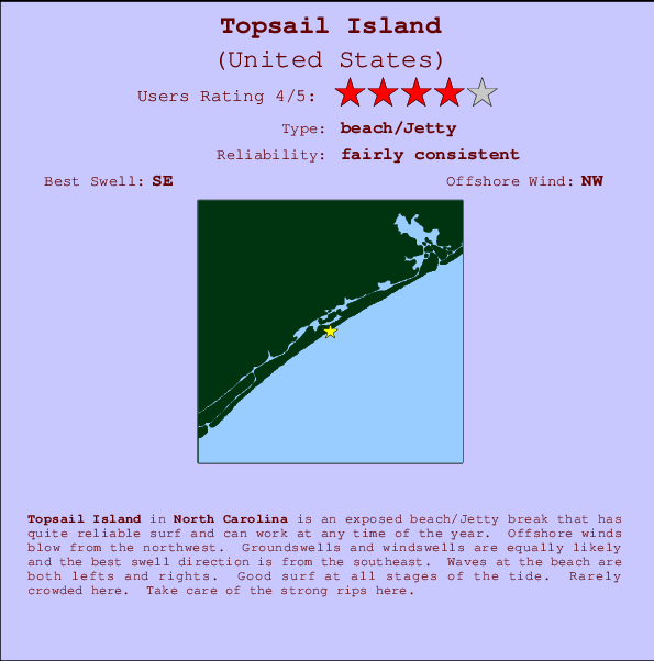 Topsail Island mapa de localização e informação de surf