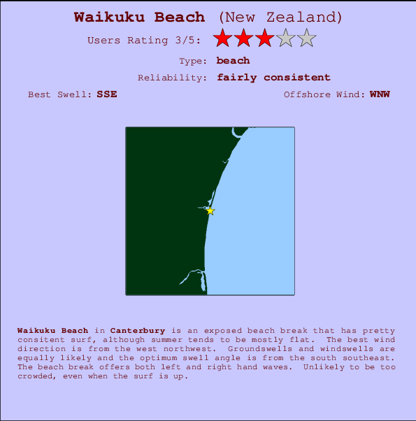 Waikuku Beach mapa de localização e informação de surf