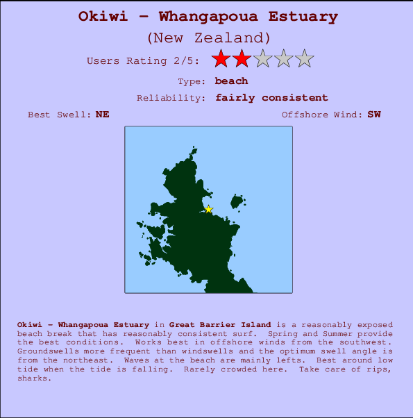 Okiwi - Whangapoua Estuary mapa de localização e informação de surf