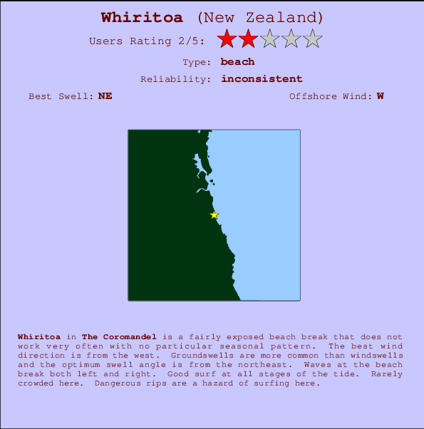 Whiritoa mapa de localização e informação de surf