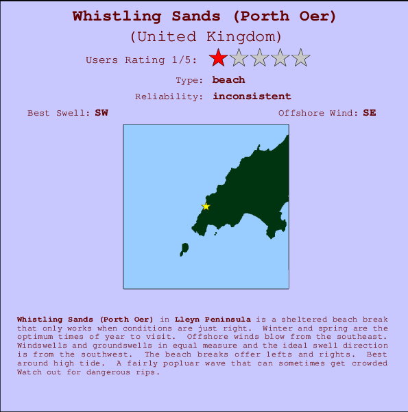 Whistling Sands (Porth Oer) mapa de localização e informação de surf