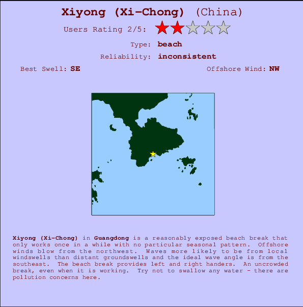 Xiyong (Xi-Chong) mapa de localização e informação de surf