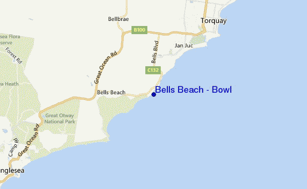 mapa de localização de Bells Beach - Bowl