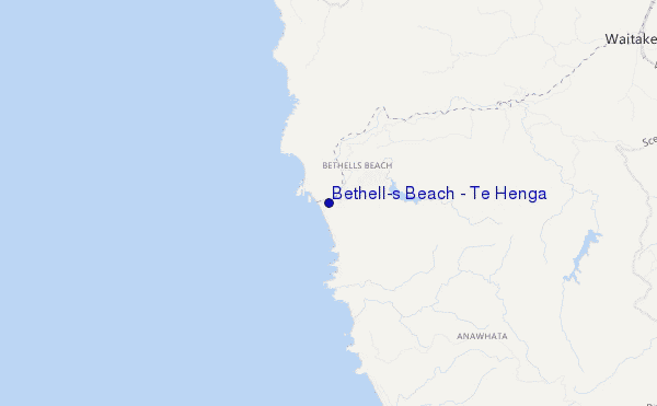 mapa de localização de Bethell's Beach / Te Henga