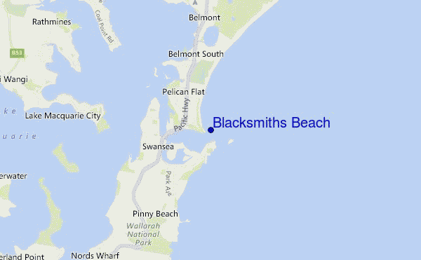 mapa de localização de Blacksmiths Beach