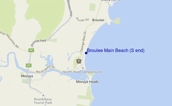 mapa de localização de Broulee Main Beach (S end)